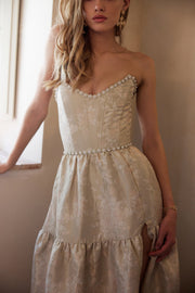 The Vivian Dress in Taupe Windsor Brocade