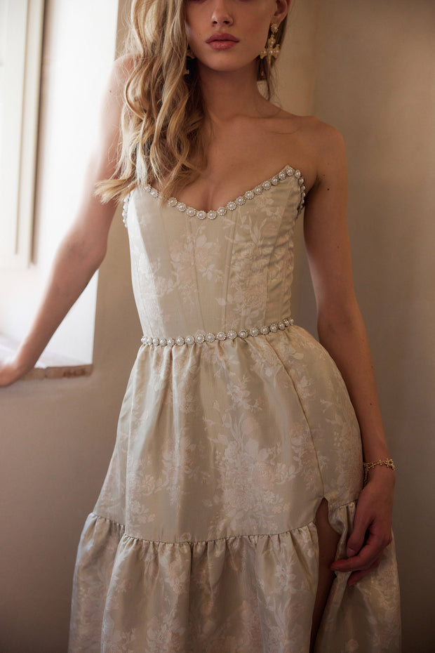 The Vivian Dress in Taupe Windsor Brocade
