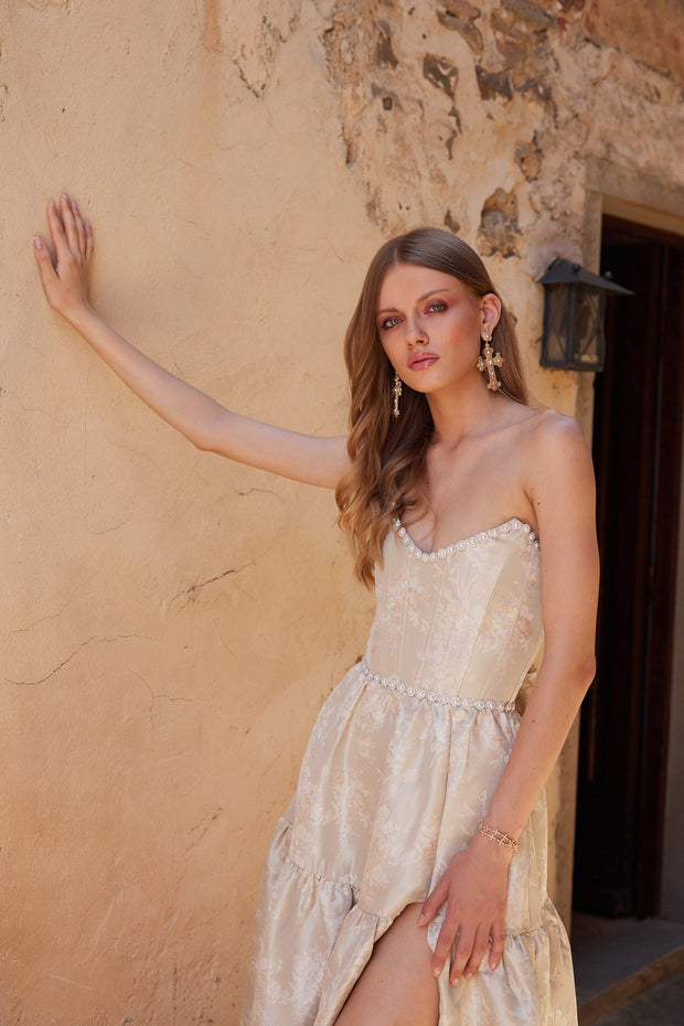 The Vivian Dress in Taupe Windsor Brocade