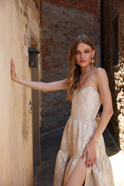 The Vivian Dress in Taupe Windsor Brocade