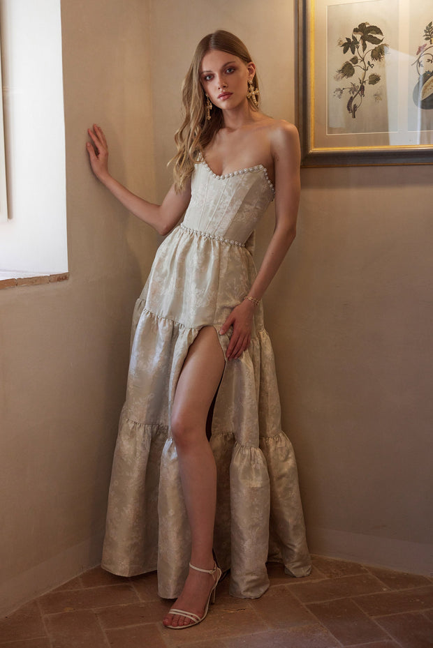 The Vivian Dress in Taupe Windsor Brocade