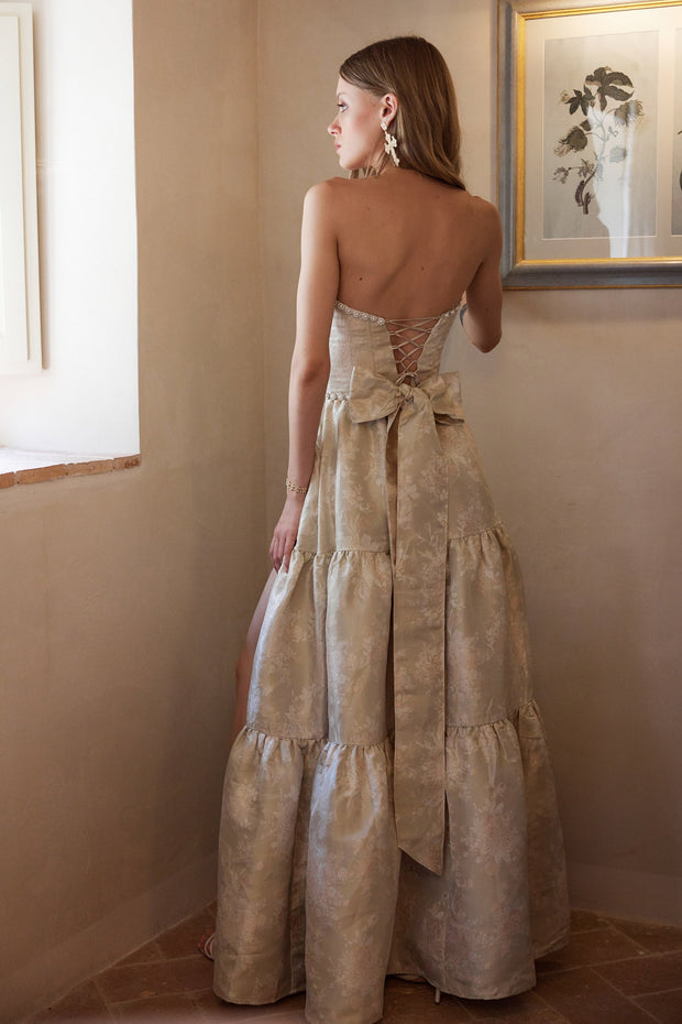 The Vivian Dress in Taupe Windsor Brocade