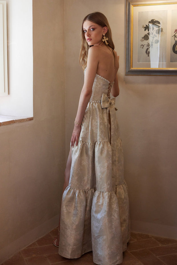 The Vivian Dress in Taupe Windsor Brocade