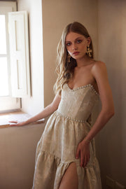 The Vivian Dress in Taupe Windsor Brocade