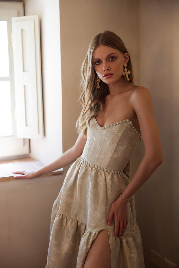 The Vivian Dress in Taupe Windsor Brocade