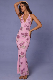 Sexy Deep V Printing Backless Slit Dress