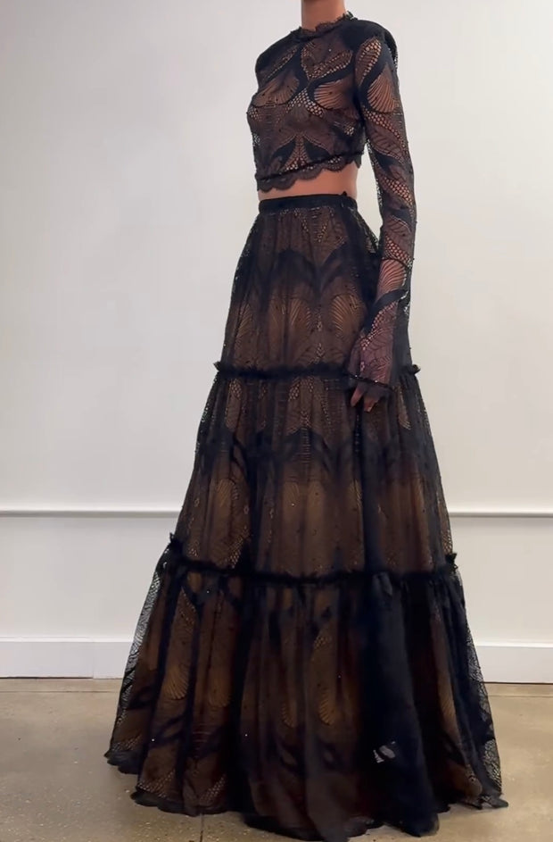 Fashion Elegant Long Sleeve Lace Print Maxi Dress Suit