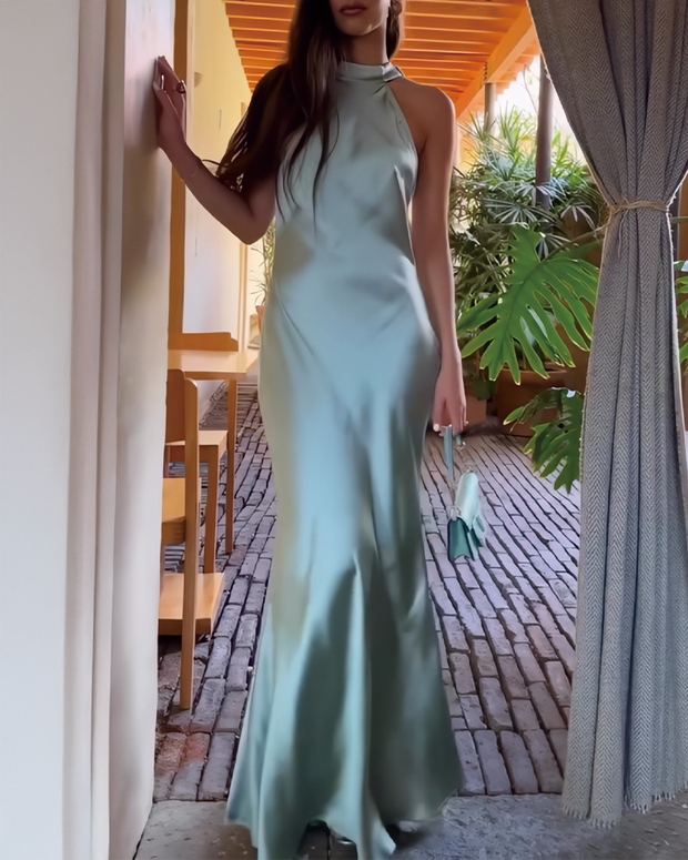 Halter Neck Silk Bodycon Maxi Dress