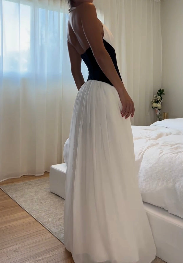 Fashion Sexy V-neck Halter Color Matching Stitching Waist-Tight Dress