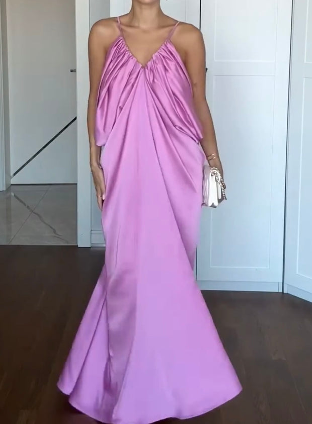 Sexy Temperament V-neck Strap Loose Satin Dress