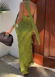 Green Shivering V-neck Halter Ruffled Sheath Dress