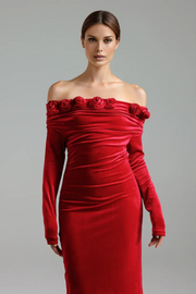 Sexy Long Sleeve off-the-Shoulder Floral Bandeau Slim-Fit Dress