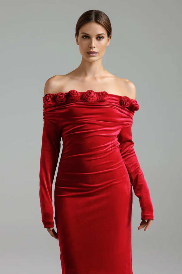 Sexy Long Sleeve off-the-Shoulder Floral Bandeau Slim-Fit Dress
