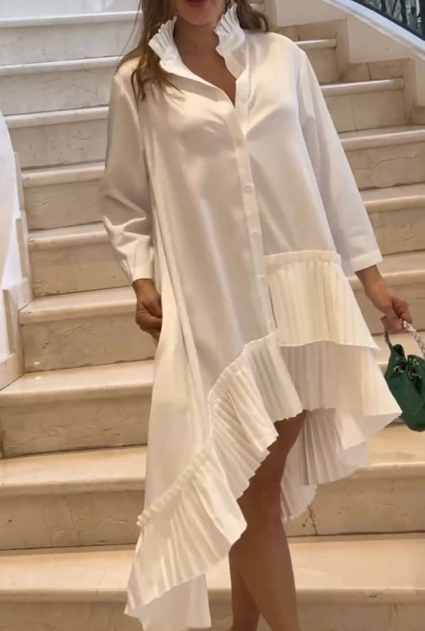 Solid Color Stand Collar Pleated Hem Shirt Skirt