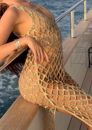 Sexy V-neck Brace Diamond Plaid Hollow Dress