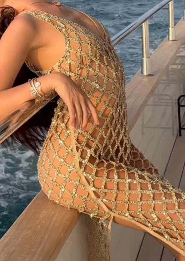 Sexy V-neck Brace Diamond Plaid Hollow Dress