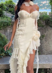 Sexy Spaghetti Straps Chest Wrap Three-Dimensional Flower Ruffled Split Dress