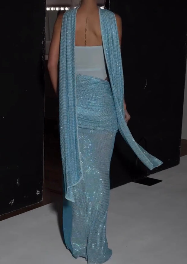Sexy Bandeau Sequin Stitching Mesh Pleats Waist Girdle Dress