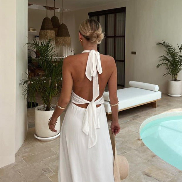 Halter neck V-neck strappy backless slit dress