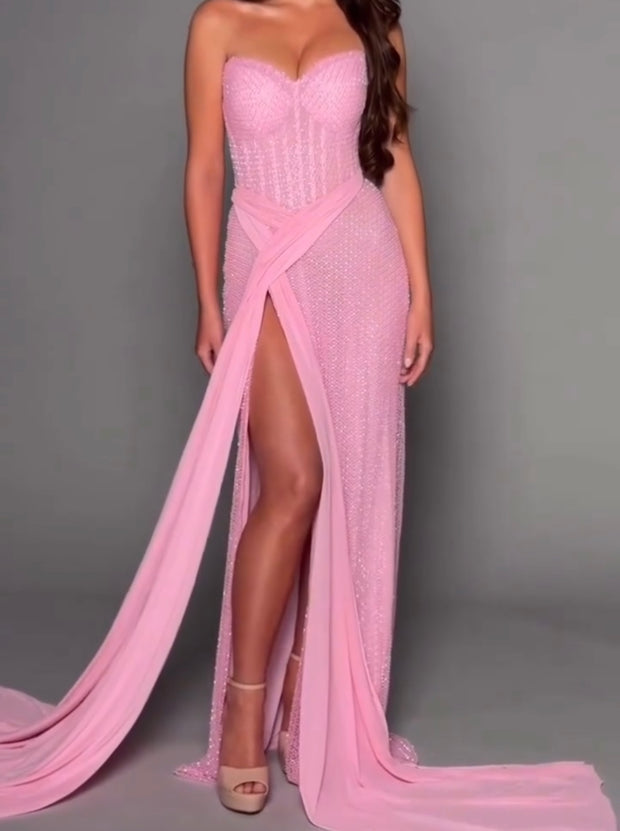 Temperament Sexy Bandeau Shining Beads Stitching Mesh Slit Dress