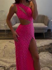 Sexy Oblique Shoulder Hollow Beading Split Dress