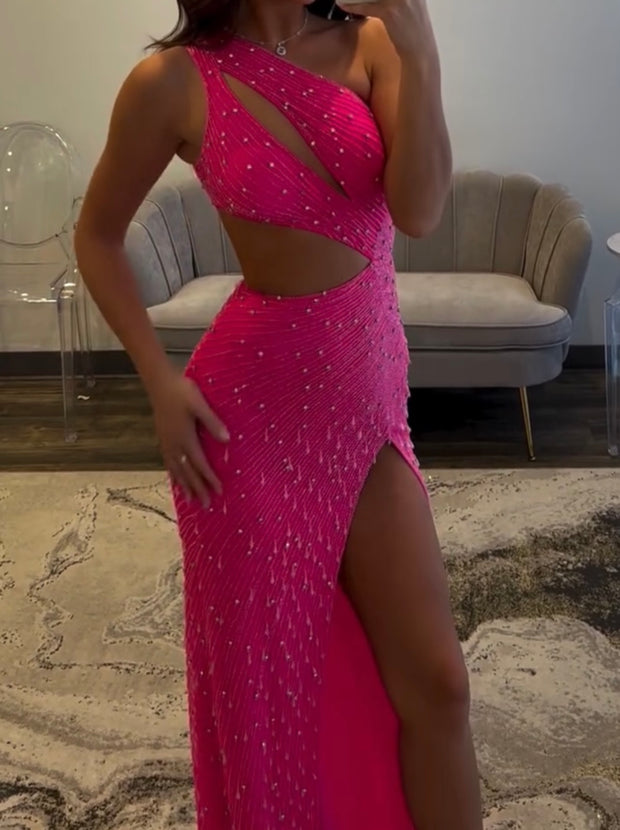 Sexy Oblique Shoulder Hollow Beading Split Dress