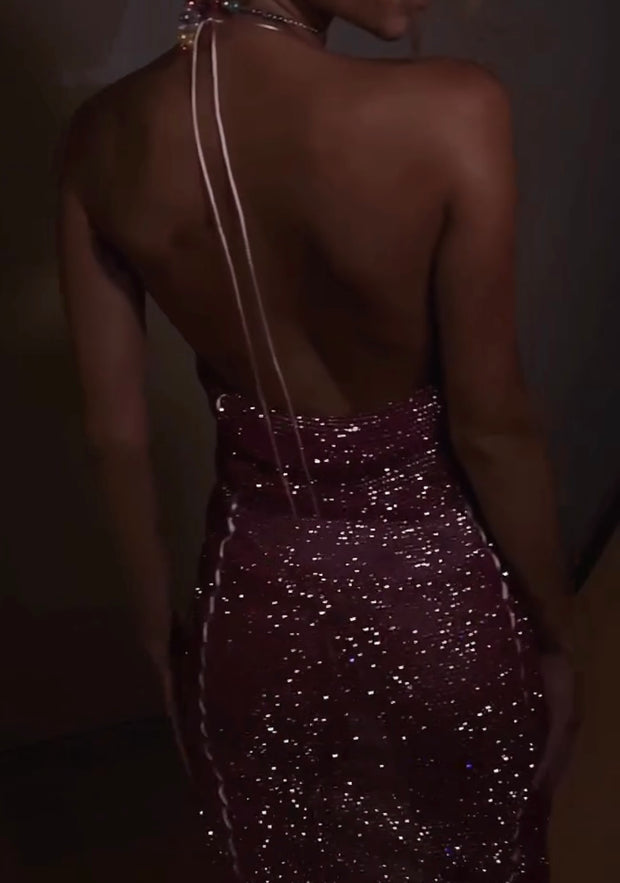 Sexy Wash V-neck Brace Sequins Split Dress