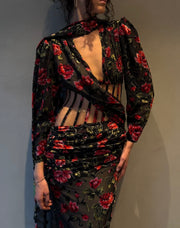 Sexy Fashion Long Sleeve Fish Bone Print Hollow out V-neck Dress