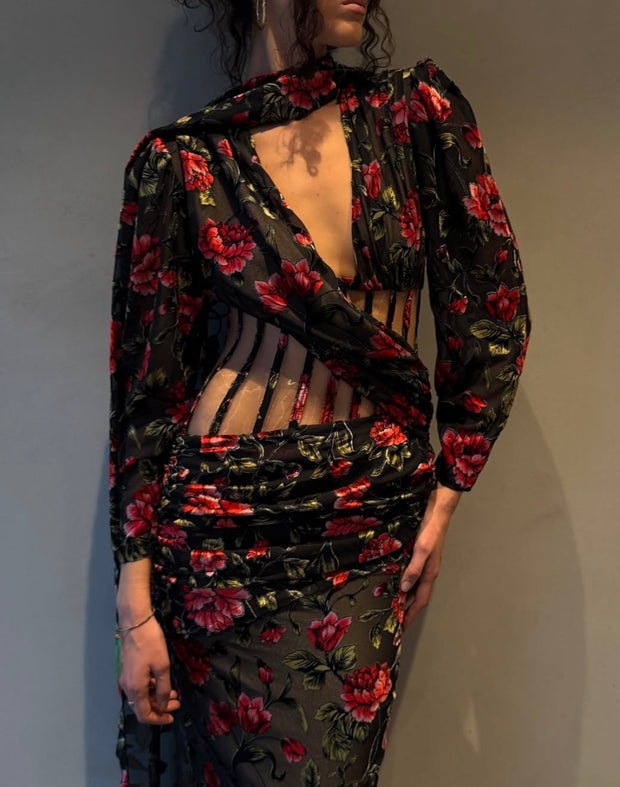 Sexy Fashion Long Sleeve Fish Bone Print Hollow out V-neck Dress