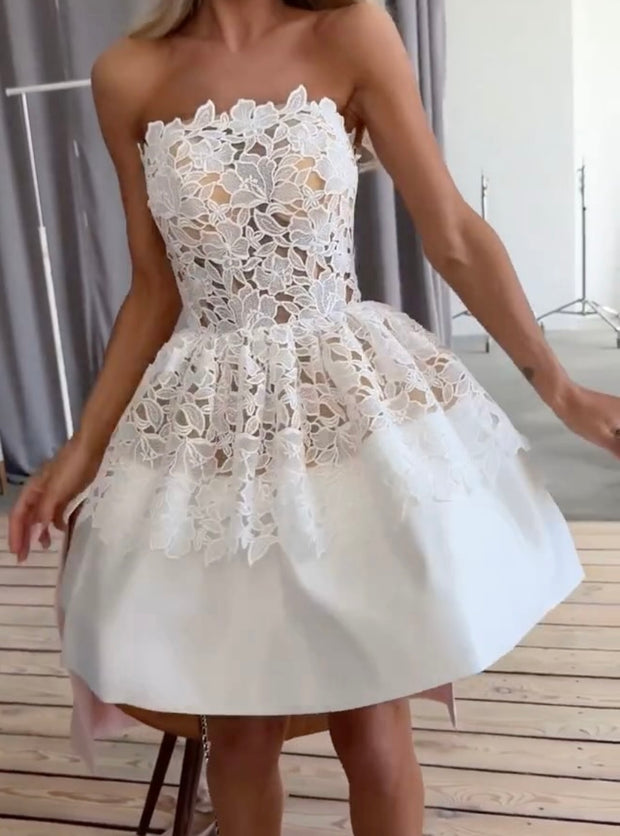 Sexy Tube Top Lace Stitching Puff Short Skirt