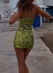Sexy Tube Top Deep V Sequin Skirt