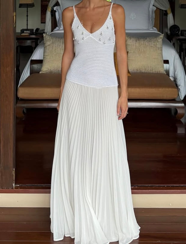 Sexy Spaghetti Straps Knitted Pearl Pleated Mesh Dress