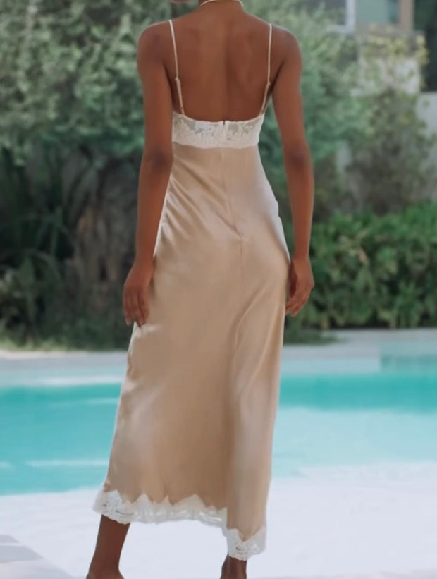 Sexy Satin Suspenders with Lace-up Collar Slimming Inner Dress