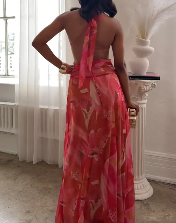 Ink Printing Deep V Swing Collar Bare Back Halter Dress