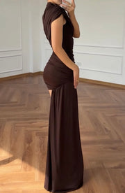 Slim-Fit Ribbon round Neck Pleated Hip Irregular Sleeveless Dress