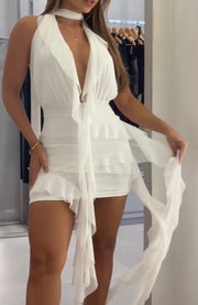 Sexy Halter Deep V Ruffled Ribbon Dress