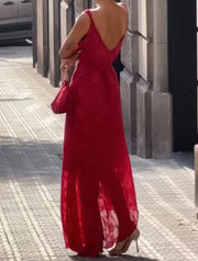Lace Backless Slim Fit Jacquard Red Irregular Dress