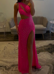Sexy Oblique Shoulder Hollow Beading Split Dress