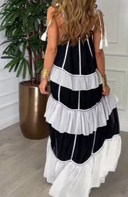 Striped Contrast Color Spaghetti-Strap Ruffle Versatile Dress