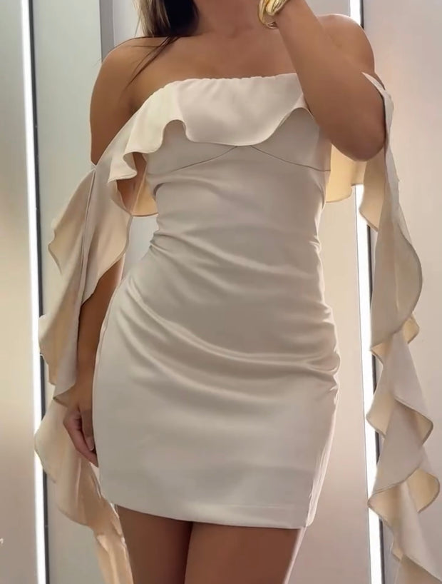 off-Shoulder off-Shoulder Ribbon Hip Bag Fashionable Pleated Slim Fit Dress