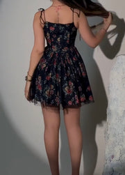 Printed Mesh Stitching Tied Waist Shaping Slim Fit Dress