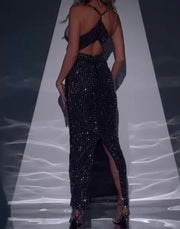 Fashion Hollowed-out V-neck Rhinestone Sleeveless Dress Split Dress