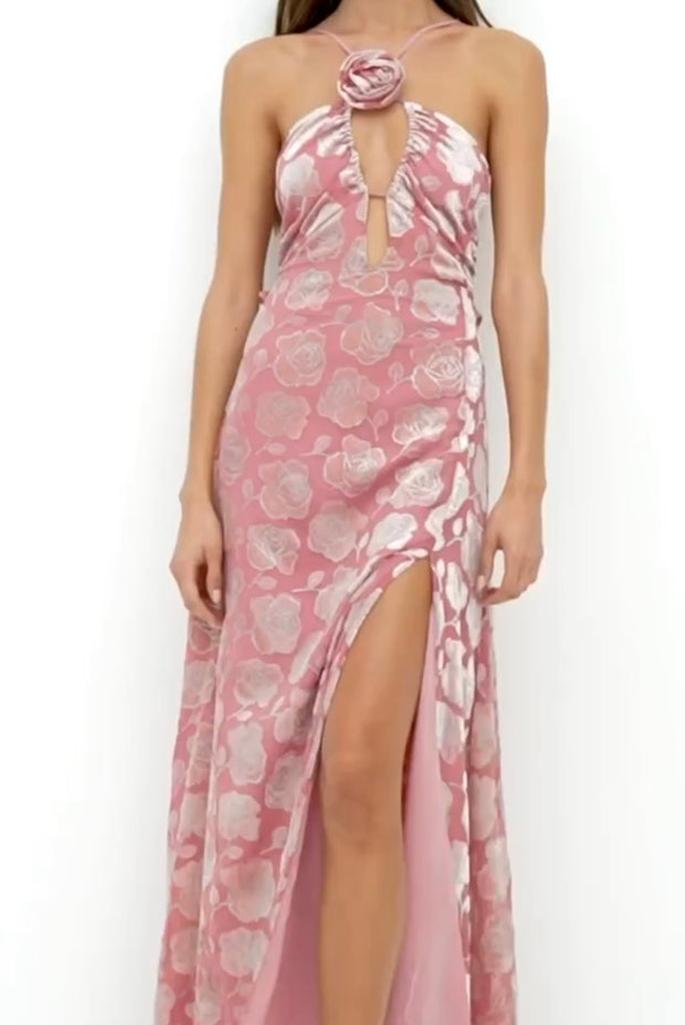 Sexy Halter Three-Dimensional Flower Floral Print Slit Hollow Dress