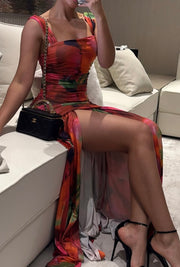 Elegant Spaghetti-Strap Floral Print Fold Split Dress