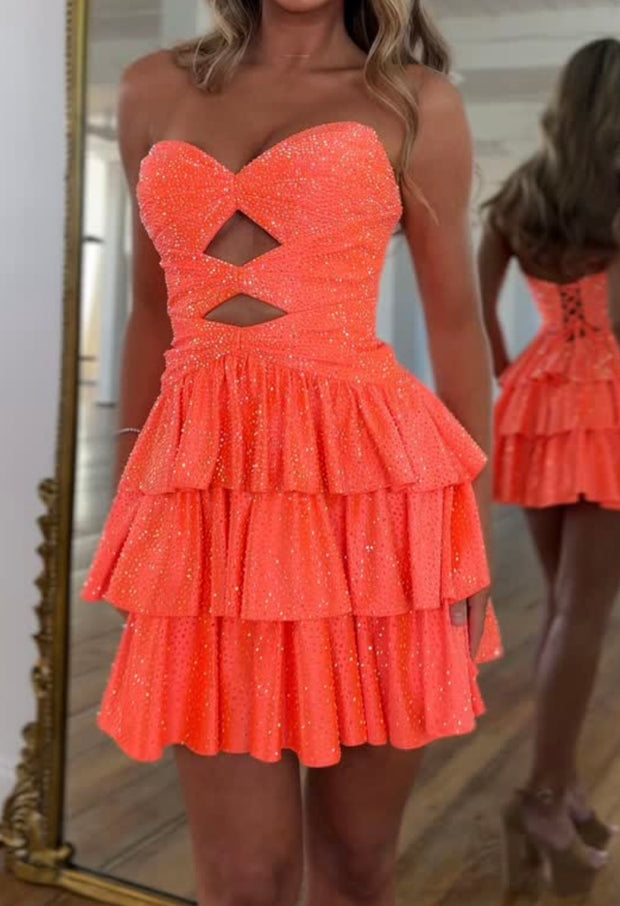 Sexy Bandeau Shiny Cut-out Ruffled Cake Dress