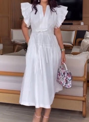 V-neck Puff Sleeve Waist-Tight Dress