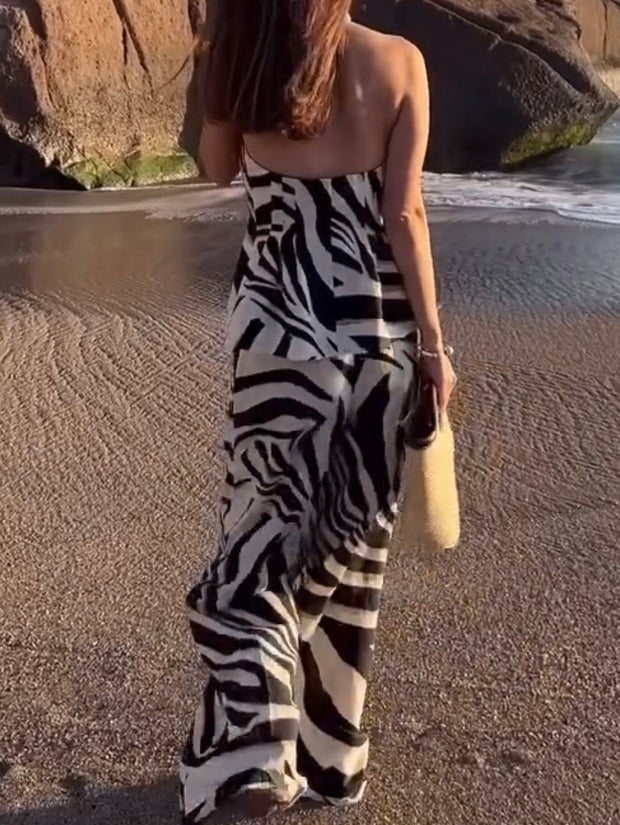 Leopard Print Halter Sleeveless Vest Wide Leg Trousers Suit
