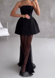Sexy Tube Top Waist Stitching Mesh Long Dress