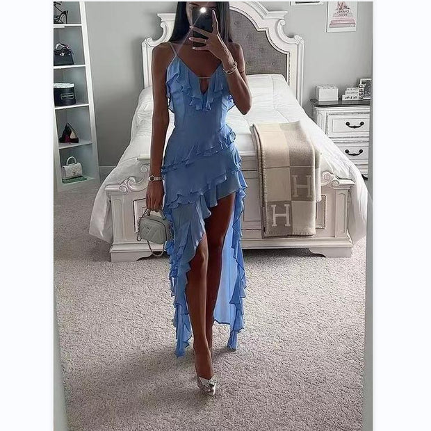 Slingback ruffled dress with slit hem