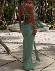 Solid Color Sexy Sleeveless Halter Lace-up Backless Split Dress